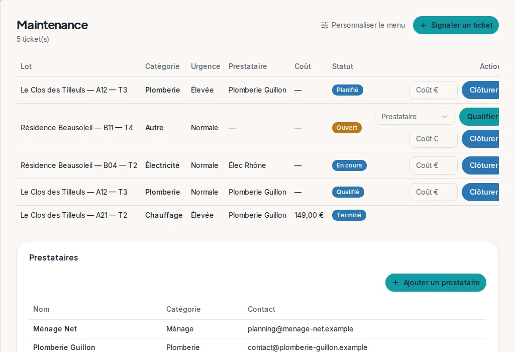 Les tickets de maintenance et le carnet de prestataires