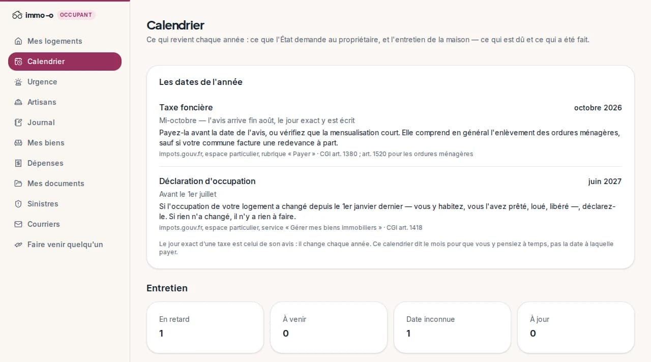 Le calendrier de l'espace occupant d'immo-o : la taxe foncière et la déclaration d'occupation de l'année, puis les entretiens de la maison en retard, à venir ou à jour