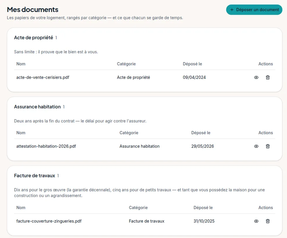 Mes documents dans l'espace occupant : l'acte de propriété, l'assurance habitation et les factures de travaux, chacun avec sa durée de conservation