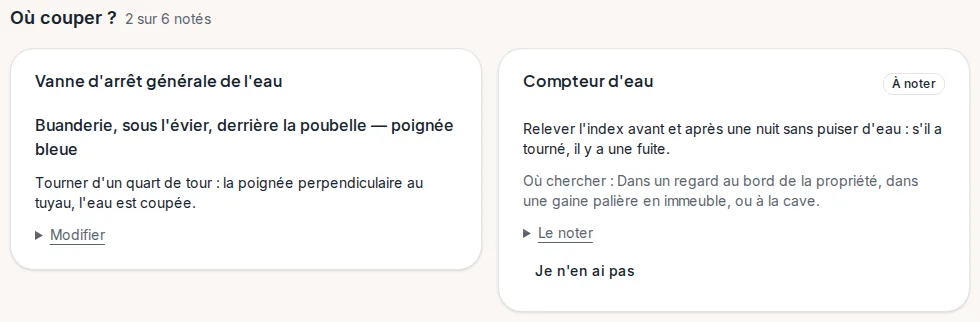 L'écran Urgence de l'espace occupant : où couper l'eau, le gaz et l'électricité