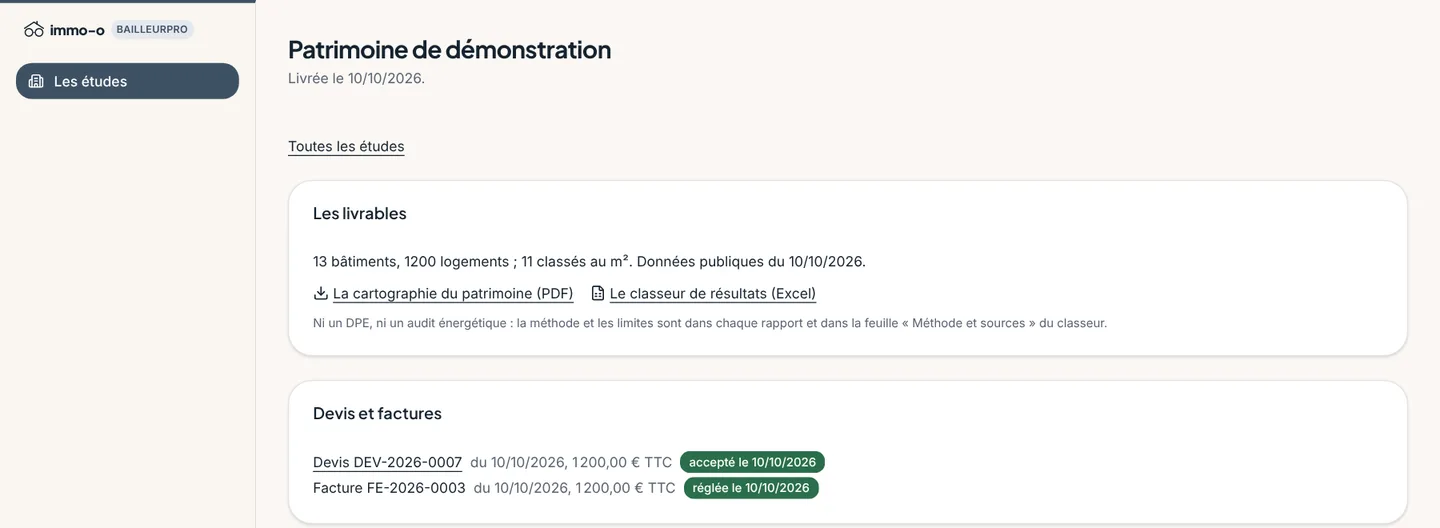 L'espace BailleurPro : une étude livrée, avec la cartographie du patrimoine en PDF, le classeur de résultats en Excel, le devis et la facture