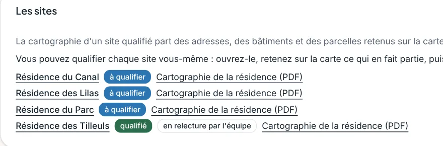 La liste des résidences d'une étude, chacune avec son état et le lien vers sa cartographie en PDF