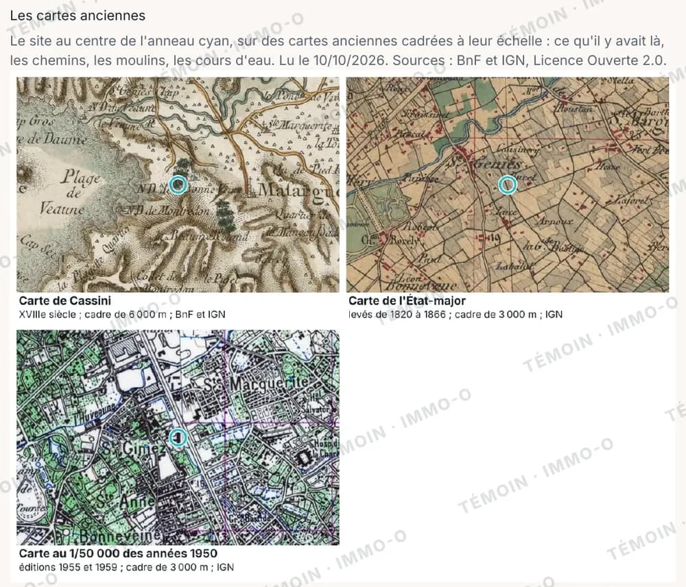 Page du rapport : le site sur la carte de Cassini, la carte d'état-major et la carte des années 1950