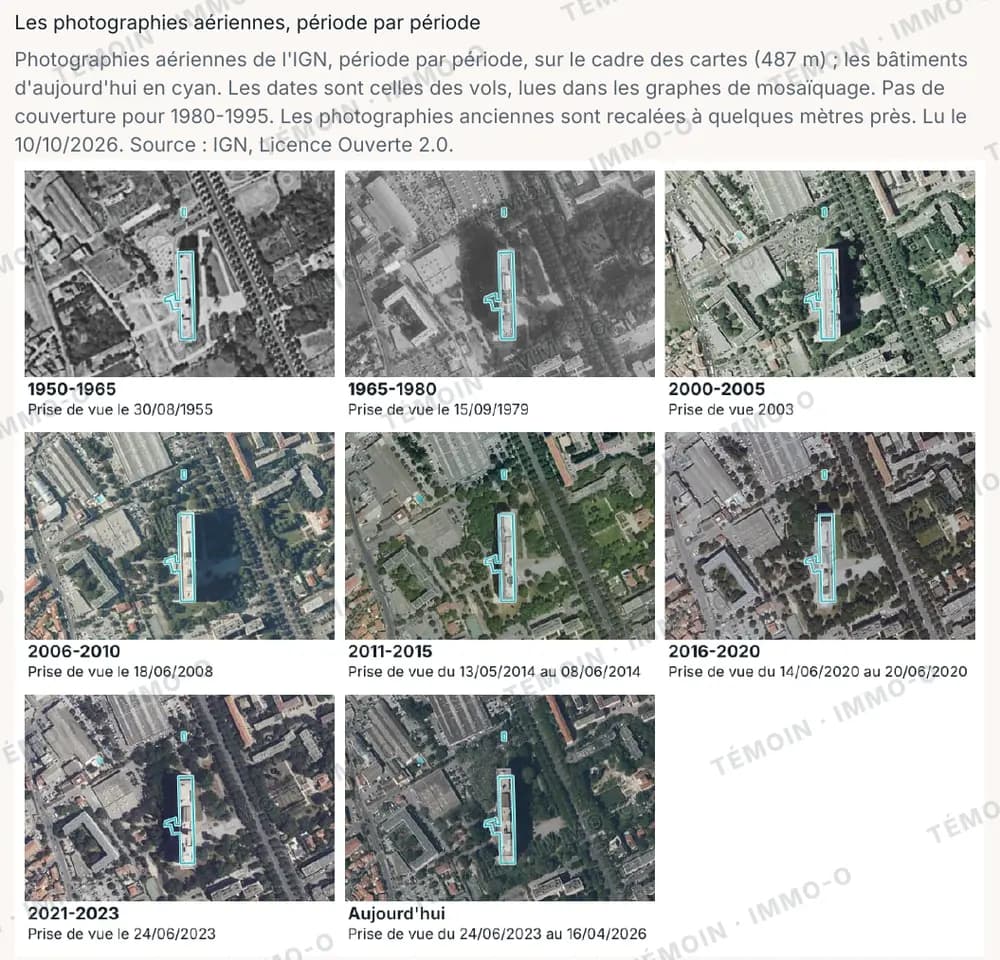 Page du rapport : huit photographies aériennes de la Cité radieuse, de 1955 à aujourd'hui