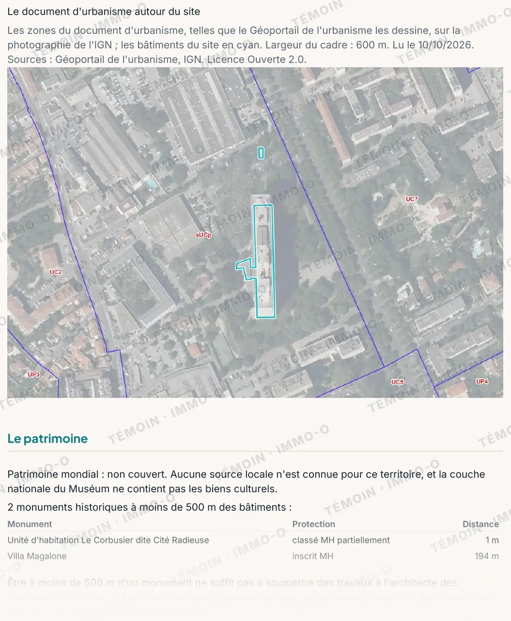 Page du rapport : zones du document d'urbanisme autour du site et monuments historiques proches